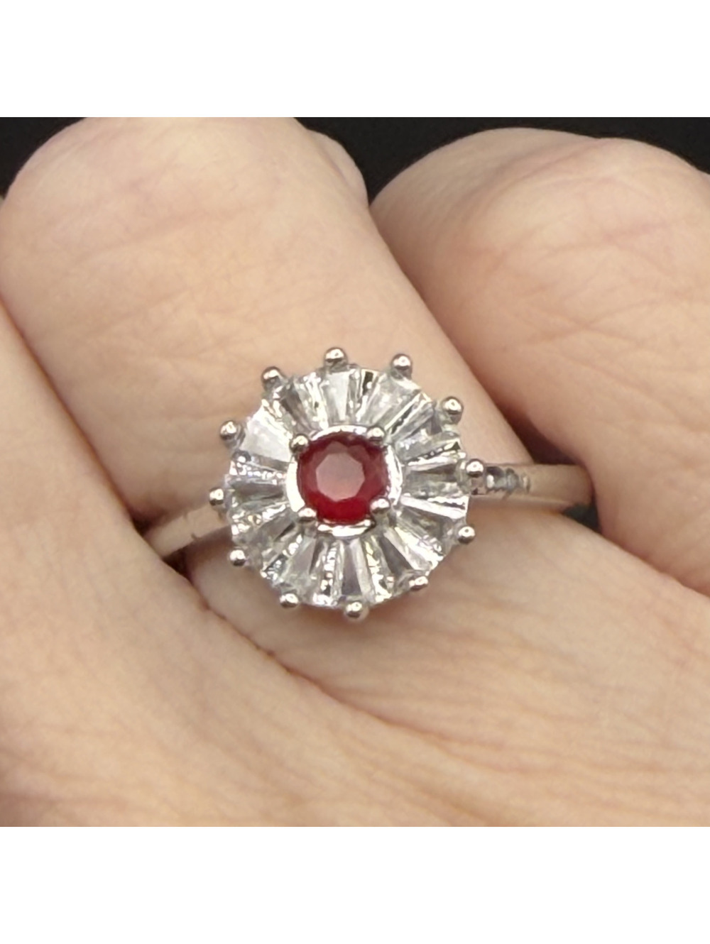 candy+clover Red Center Stone Crystal Halo Silver Tone Adjustable Ring